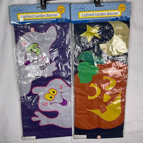 Lifes A Breeze Welcome Ghost & Smiling Jack A Lantern Lighted Garden Banners New - Picture 2 of 10